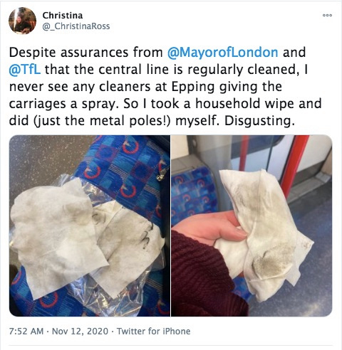 Commuter shows how filthy Tube is with wet wipes despite Sadiq Khan’s claims carriages are regularly cleaned