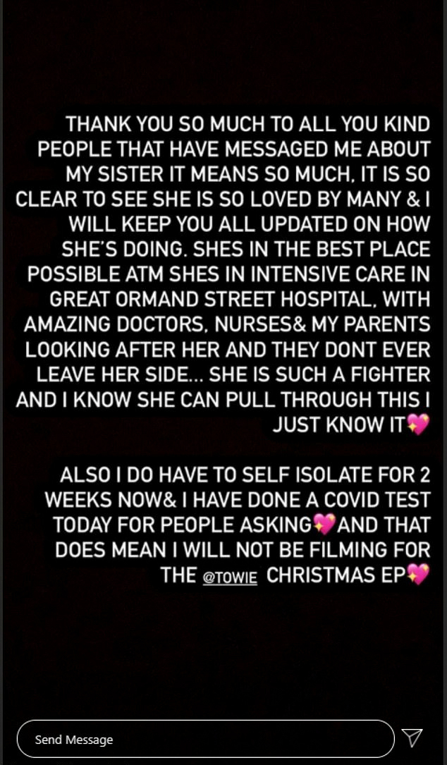 Towie’s Kelsey Stratford says her ‘hero’ sister, eight, is ‘fighting hard’ against ‘evil’ Covid as she updates fans