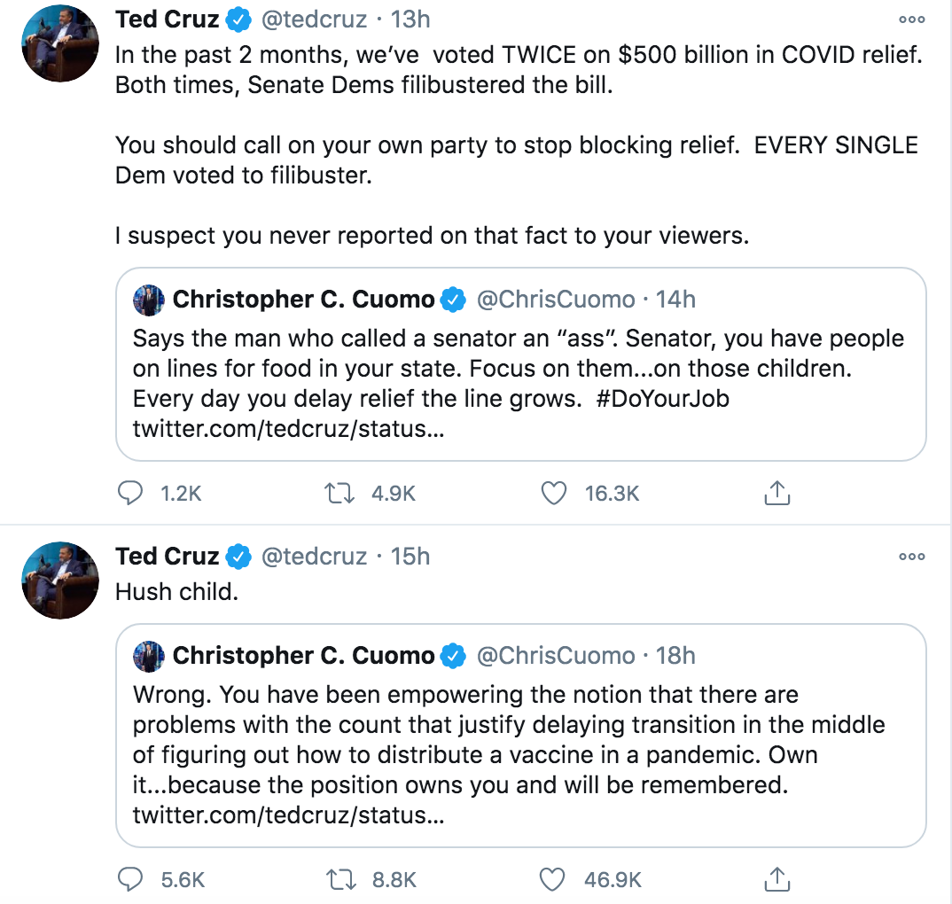 Ted Cruz tells Chris Cuomo to ‘hush child’ as pair re-ignite nasty Twitter spat over Trump’s election challenge