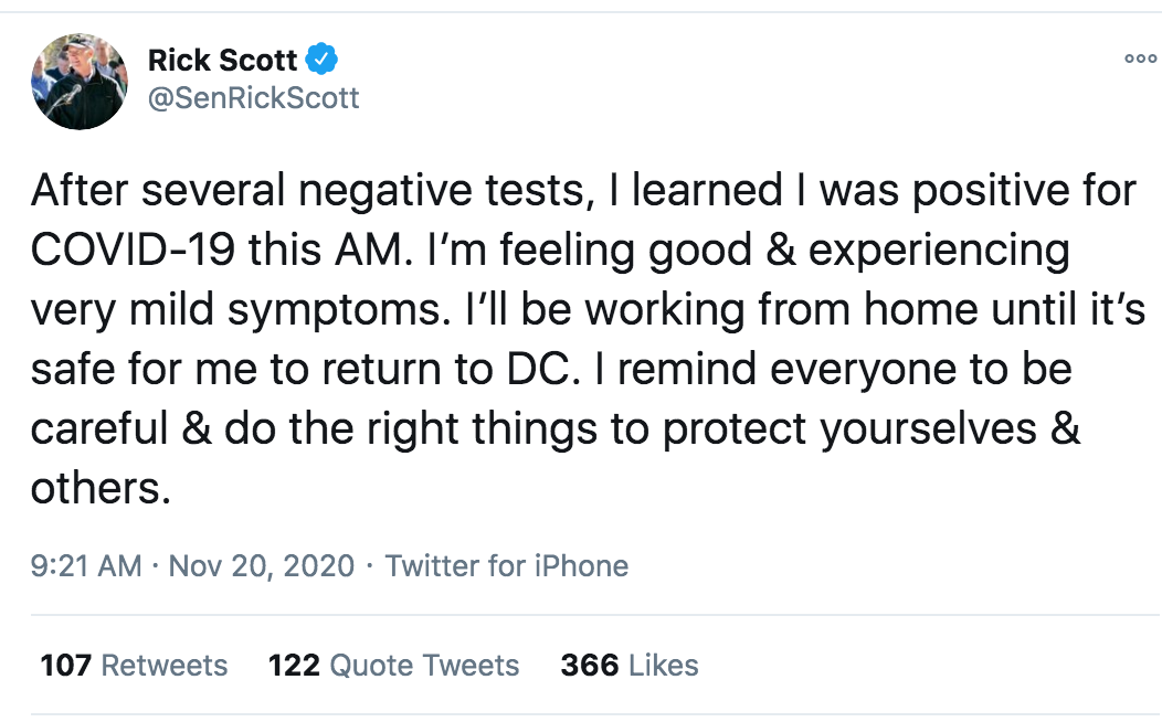 Florida Senator Rick Scott reveals he has coronavirus and urges followers to ‘wear a mask’