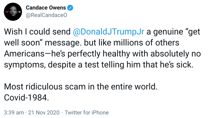 Candace Owens says ‘perfectly healthy’ Don Jr DOES NOT have Covid & claims virus is a ‘scam’ despite 250k US deaths