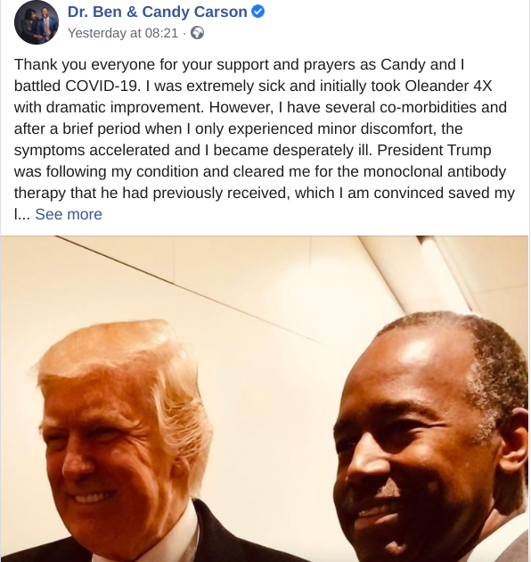 Ben Carson thanks Trump for his recovery from Covid after president approved experimental treatment for HUD secretary