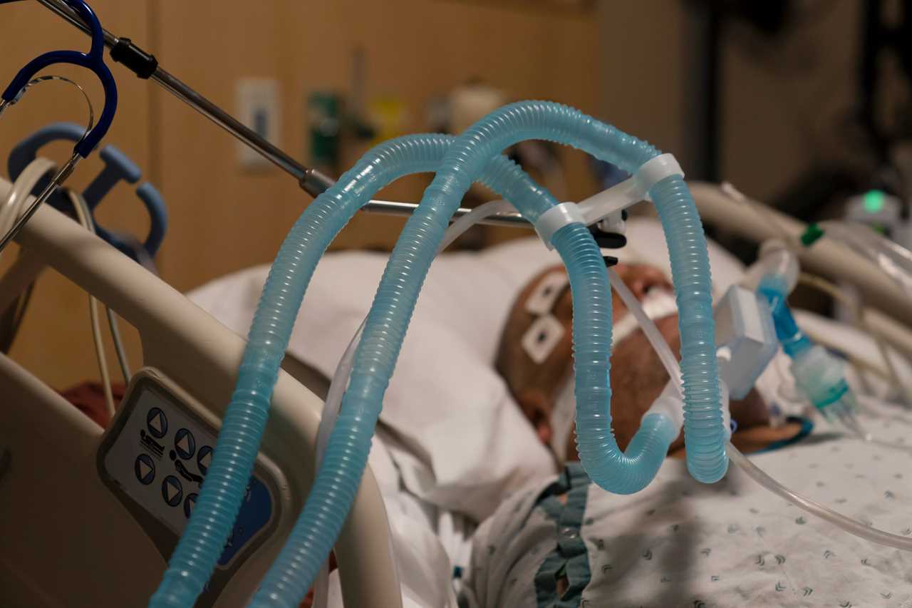 A patient is seen attached to a ventilator at Providence Holy Cross Medical Center in Los Angeles on November 19, 2020. Hospitals have become overwhelmed with Covid-19 cases in recent weeks