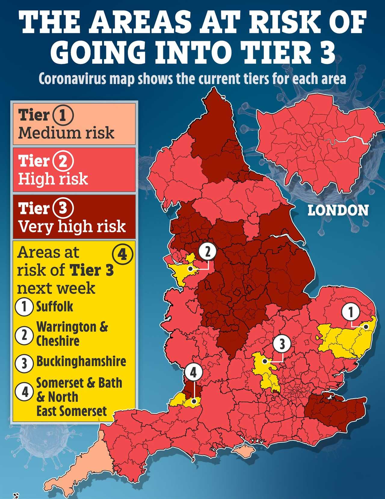 The four areas at risk of going into Tier 3 Covid lockdown next week