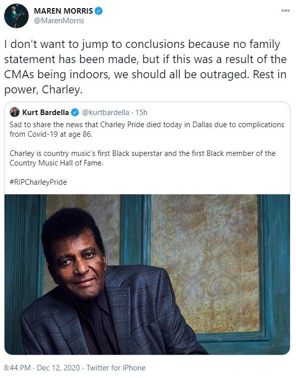 Maren Morris slams CMAs after Charley Pride dies of Covid a month after performing at indoor ceremony