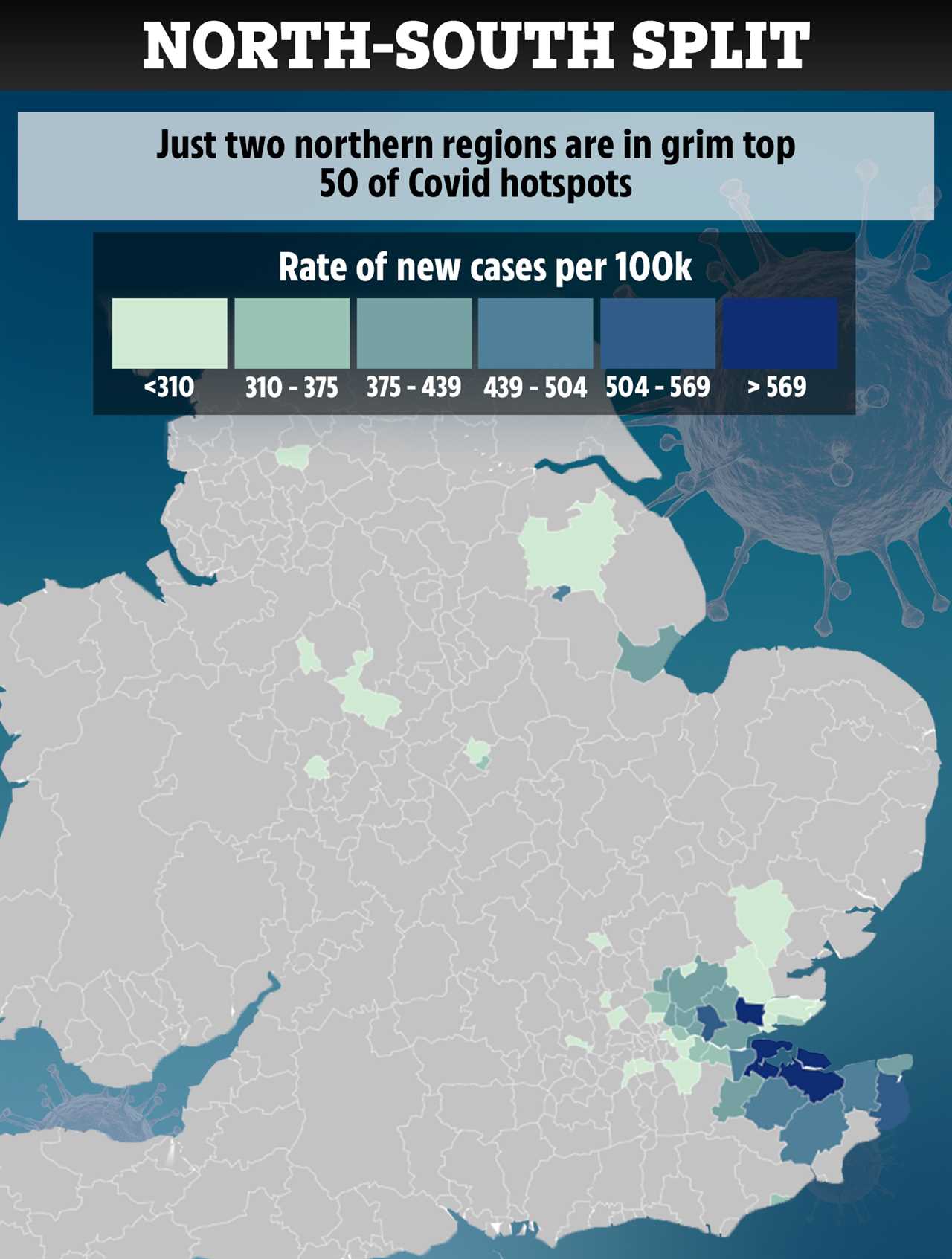 Only TWO places in England’s top 50 Covid hotspots are in the North