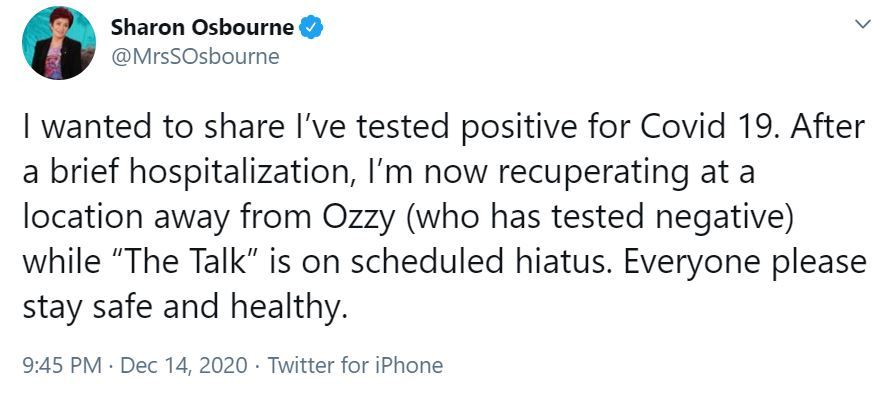 The Talk’s Sharon Osbourne briefly hospitalized with COVID-19 and is isolating away from husband Ozzy