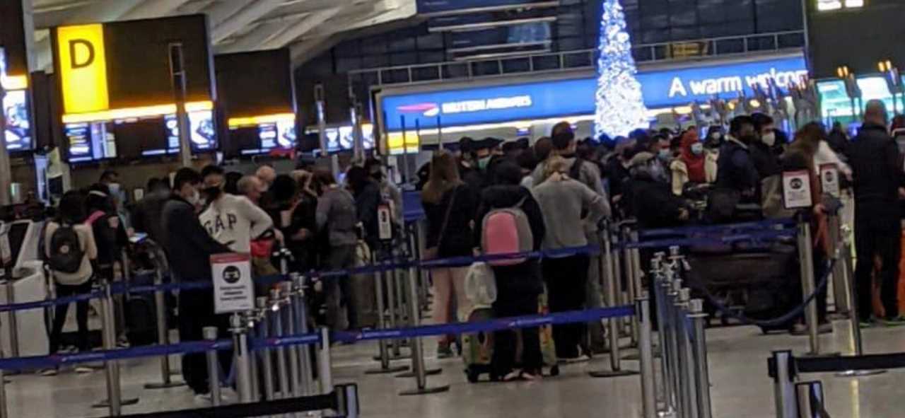 Covid fears at Heathrow after pictures show passengers packed together in snaking queues as Christmas getaway begins