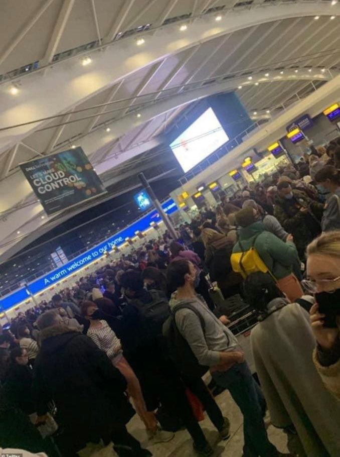 Mammoth queues at Heathrow as families try to get away before Christmas despite 40 countries closing borders to Brits