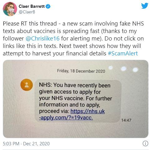 Fake NHS Covid vaccine appointment texts are being used by scammers to con people out of money