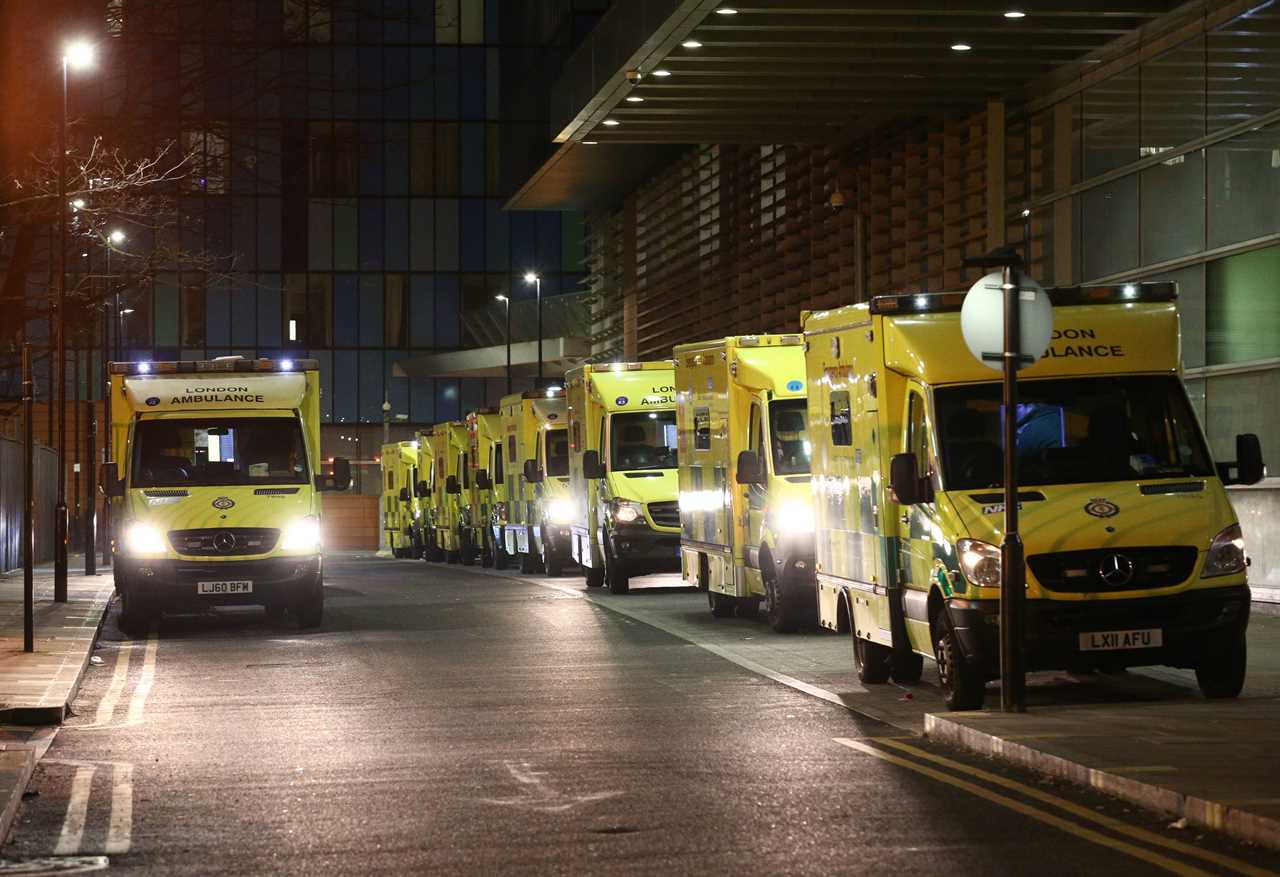 Ambulances wait outside the Royal London Hospital 