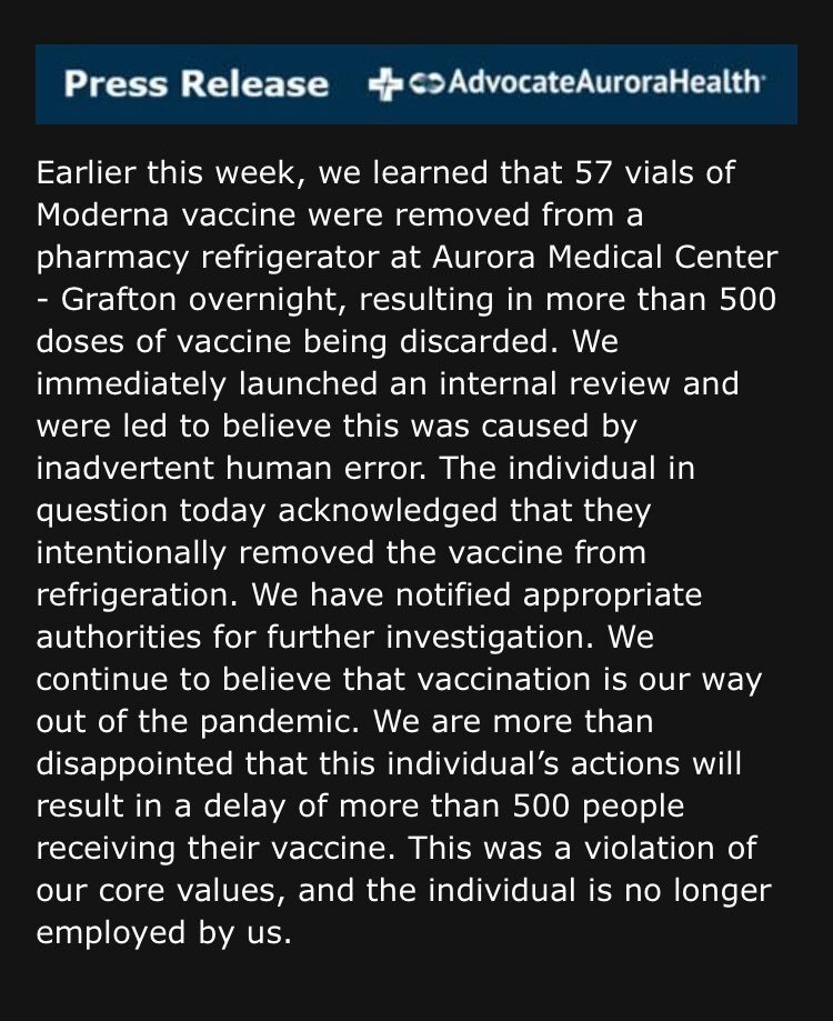 Wisconsin medical worker fired for deliberately destroying 500 Covid vaccine doses by leaving them out of fridge