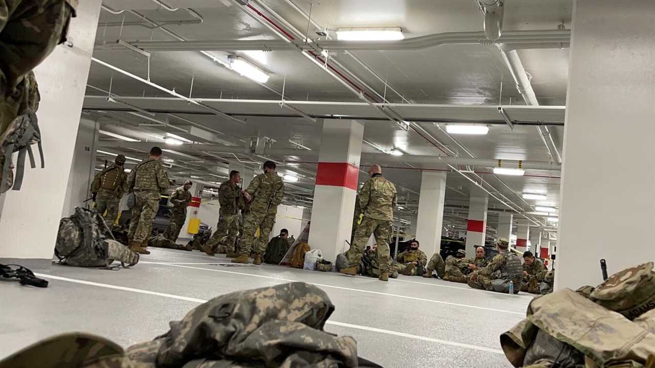 Forced to vacate the Capitol, National Guard soldiers are now sleeping in a parking garage.