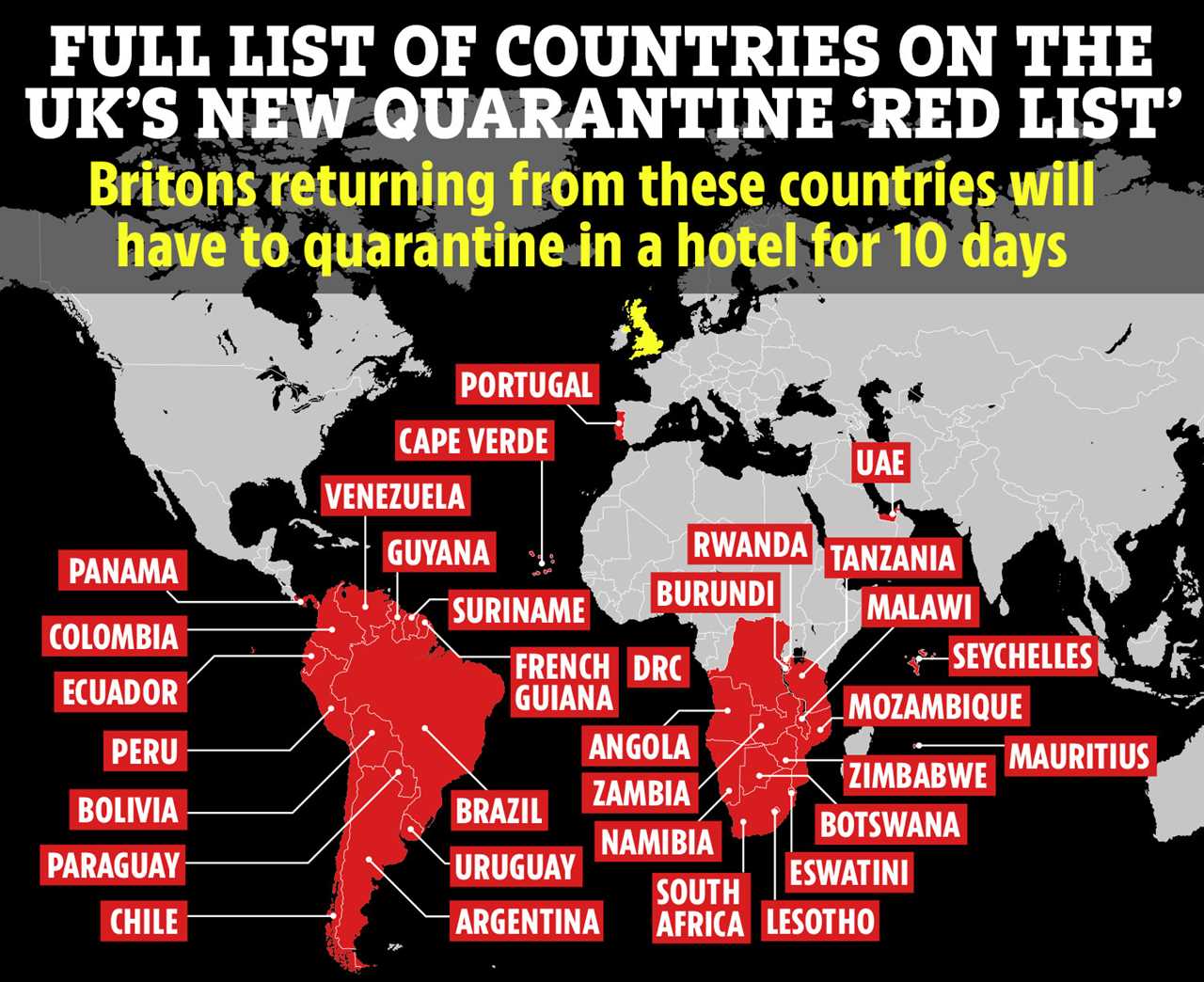 There are 33 countries on the UK's high risk list which will soon have to quarantine at a hotel