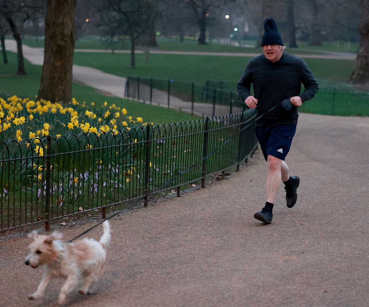 Boris Johnson dons his woolly hat as he heads out for a run with dog Dilyn