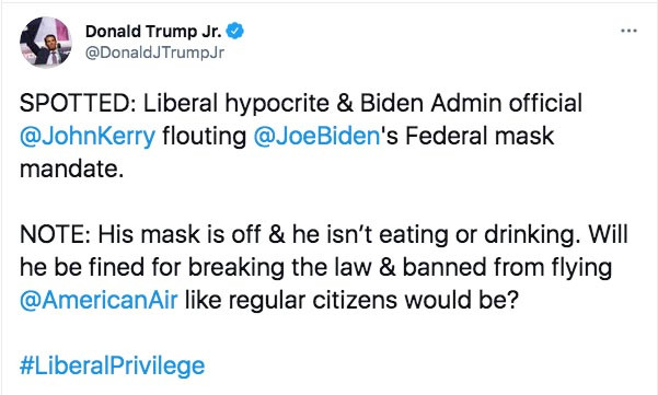 Trump Jr slams John Kerry as Biden’s climate czar seen flying WITHOUT Covid mask sparking American Airlines probe
