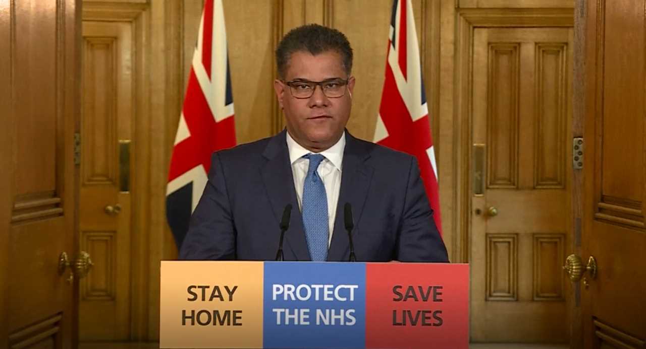 Alok Sharma answering questions from the media via a video link during a media briefing in Downing Street, London, on coronavirus