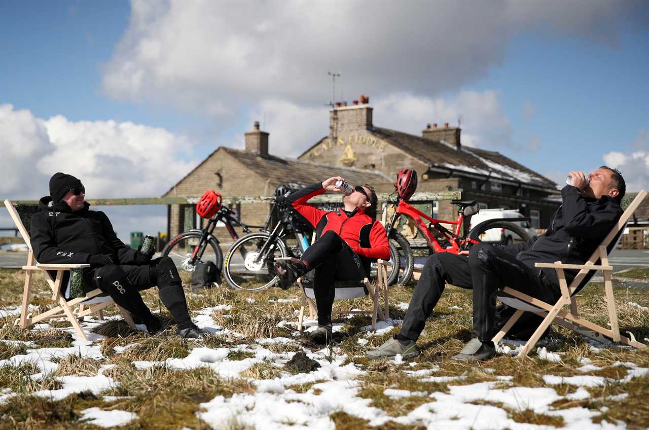 Thirsty Brits brave SNOW & queue from midnight in -3C temperatures as pub beer gardens reopen for first time in months