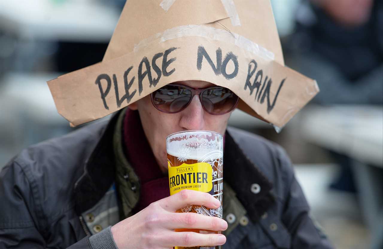 Thirsty Brits brave SNOW & queue from midnight in -3C temperatures as pub beer gardens reopen for first time in months