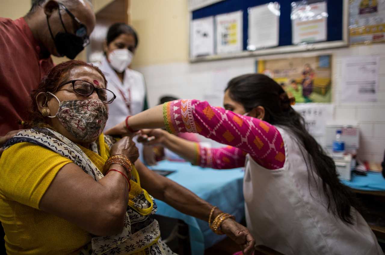 Vaccine efforts have been ramped up in India - a woman is pictured above receiving the Covaxin jab in Delhi