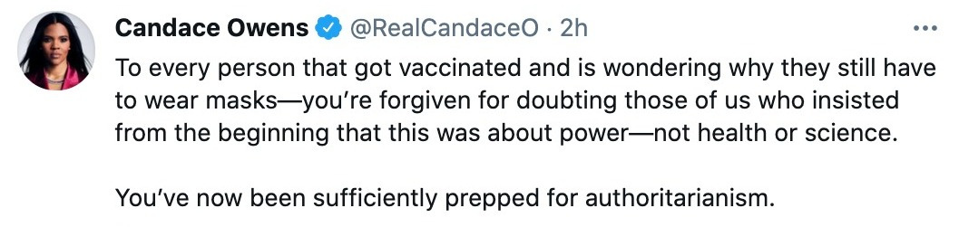 Candace Owens says Covid mask-wearers are ‘prepped for authoritarianism’ as face coverings are ‘about power’