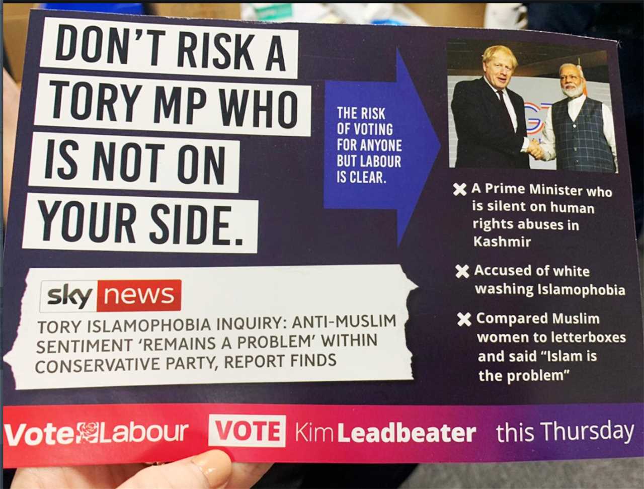 Labour slammed for pamphlet showing Boris Johnson with Indian PM with note ‘Don’t risk a Tory MP who is not on your side