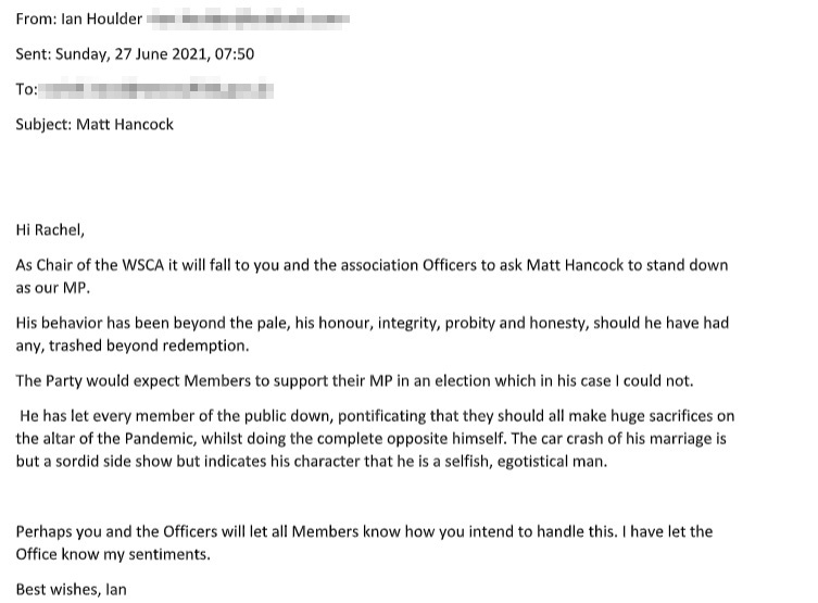 One fuming Tory councillor sent a stinging letter to Matt Hancock's local party demanding he is axed as the MP