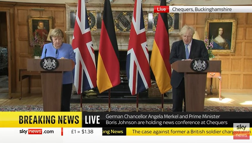 Boris Johnson and Angela Merkel hold press conference before German Chancellor meets Queen