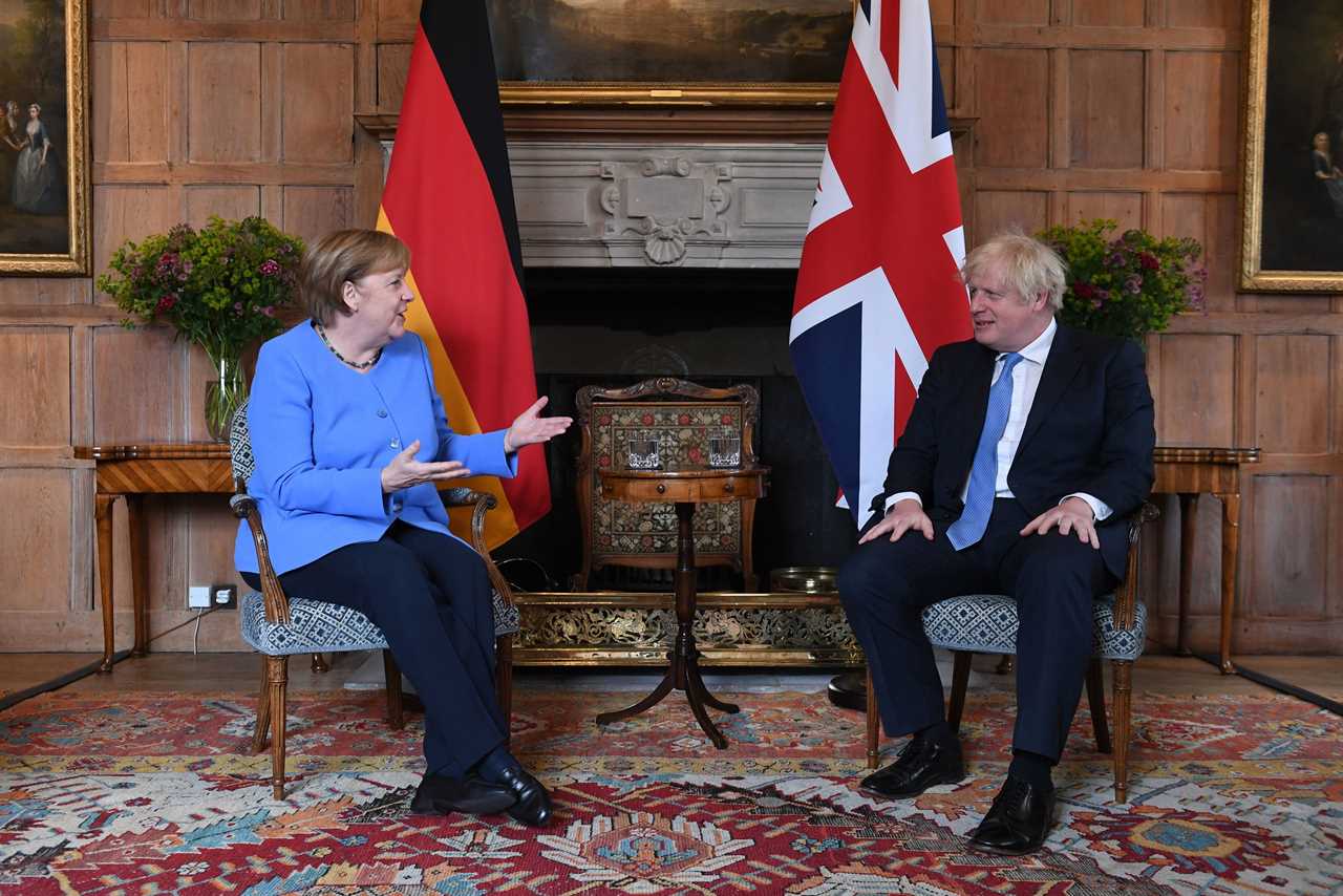 Boris Johnson and Angela Merkel hold press conference before German Chancellor meets Queen