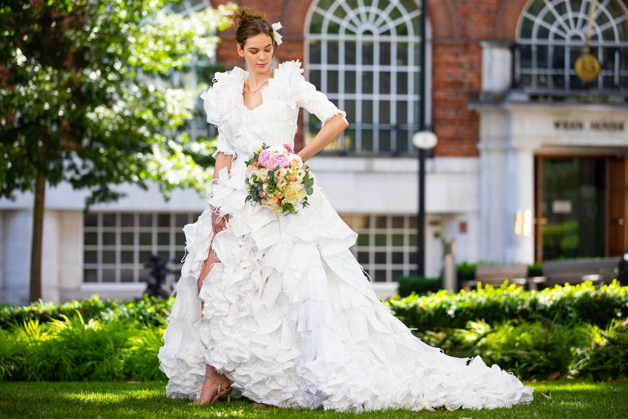 Designer creates wedding dress made entirely from dumped face-masks as restrictions are lifted