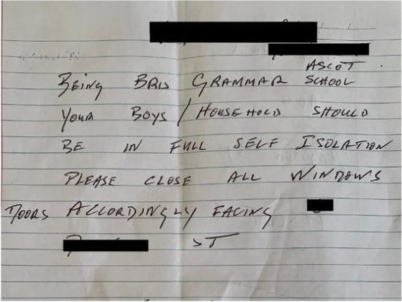 Quarantining family told to ‘isolate properly & close your windows’ in note from furious neighbour