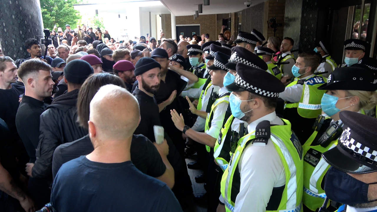 Ex-Coronation Street star Sean Ward faces off with cops as anti-vaccine protesters try to storm BBC and ITV studios