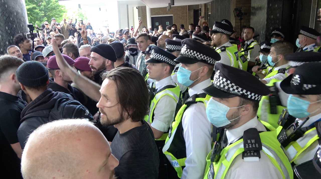 Ex-Coronation Street star Sean Ward faces off with cops as anti-vaccine protesters try to storm BBC and ITV studios