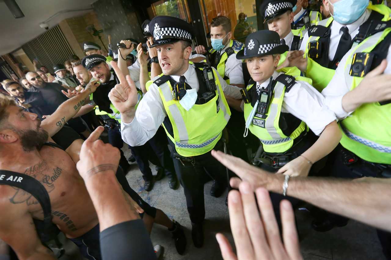 Ex-Coronation Street star Sean Ward faces off with cops as anti-vaccine protesters try to storm BBC and ITV studios