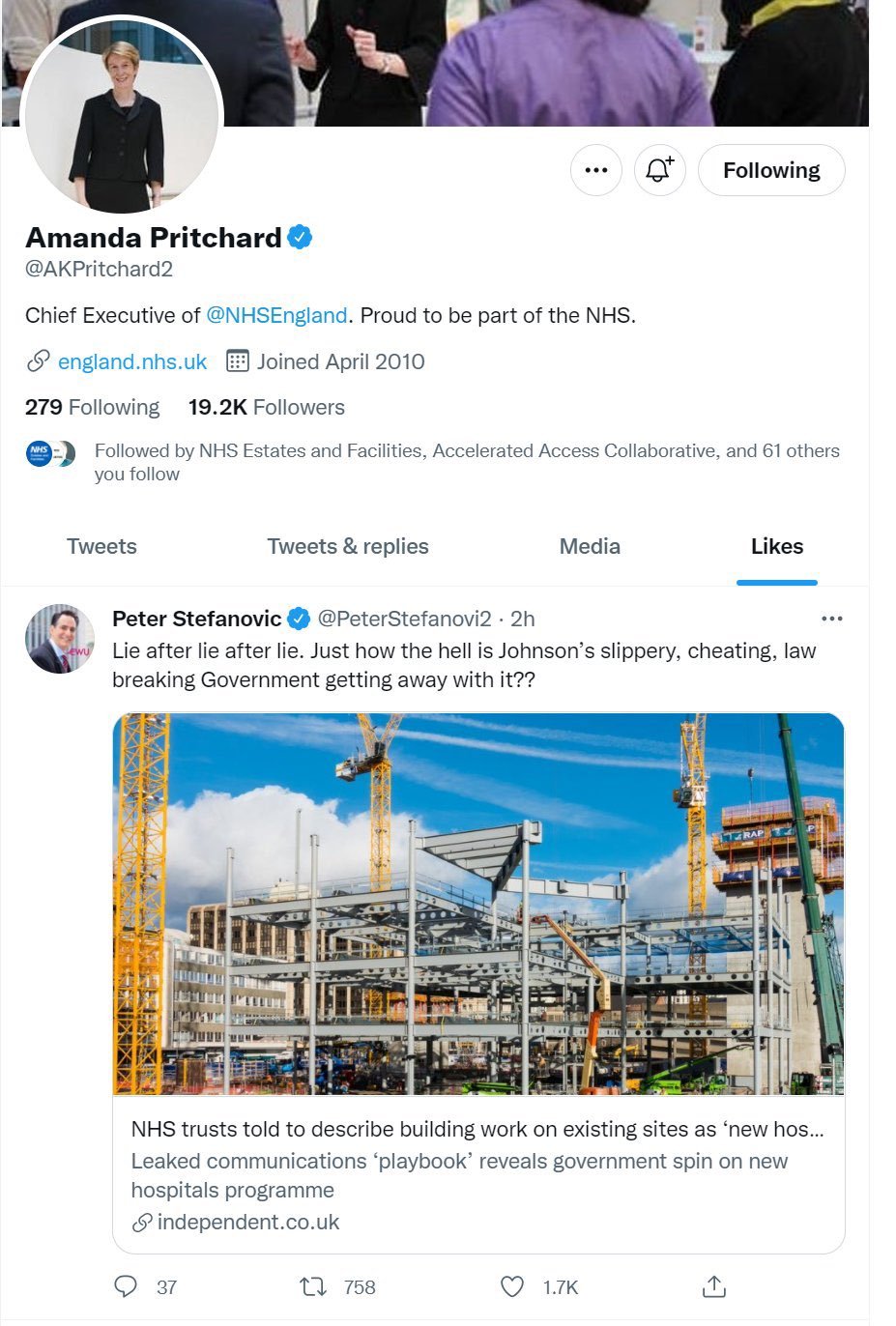 New NHS boss ‘likes’ tweet calling Boris Johnson a ‘slippery cheat’ – but blames her staff