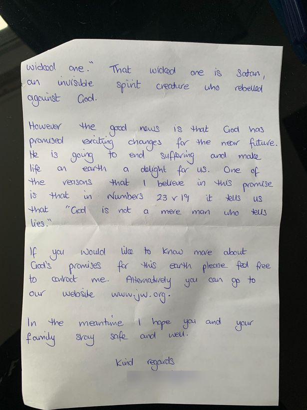 Confused residents are sent handwritten notes from a stranger blaming the Covid pandemic and natural disasters on SATAN