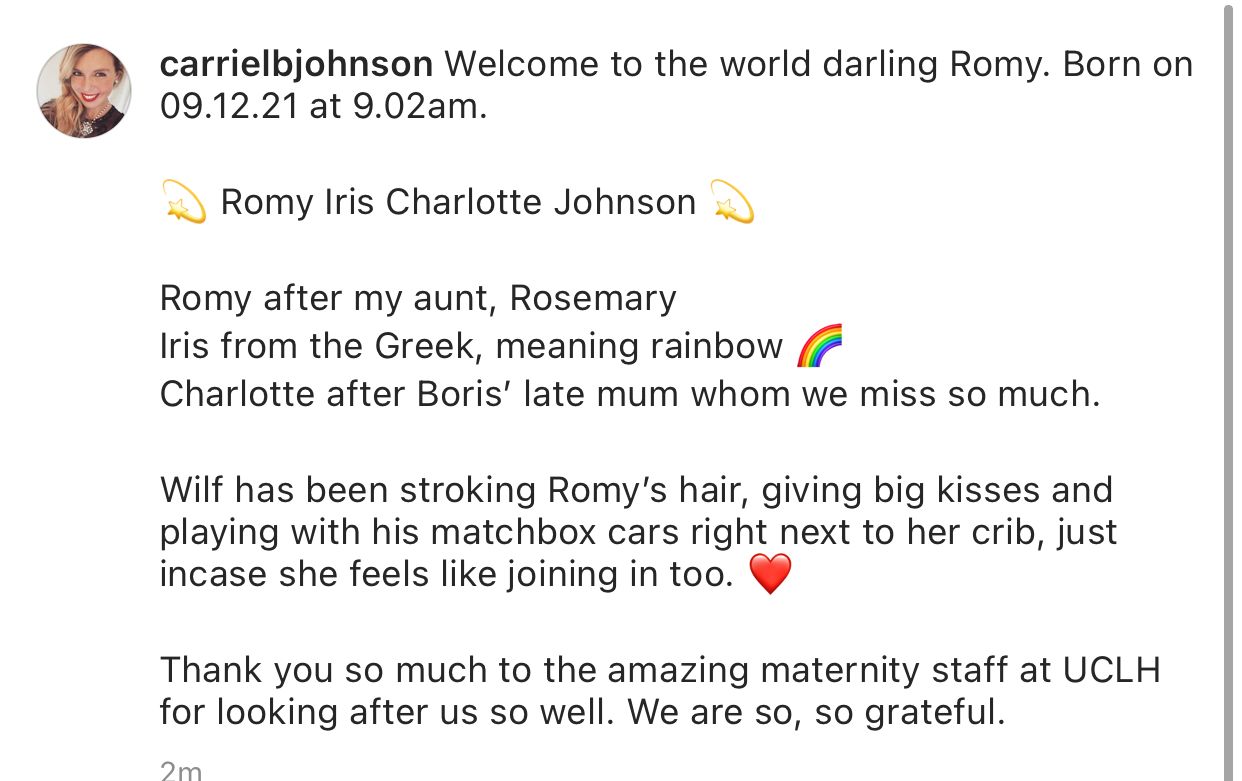 Boris Johnson and Carrie name new baby Romy and share adorable first picture