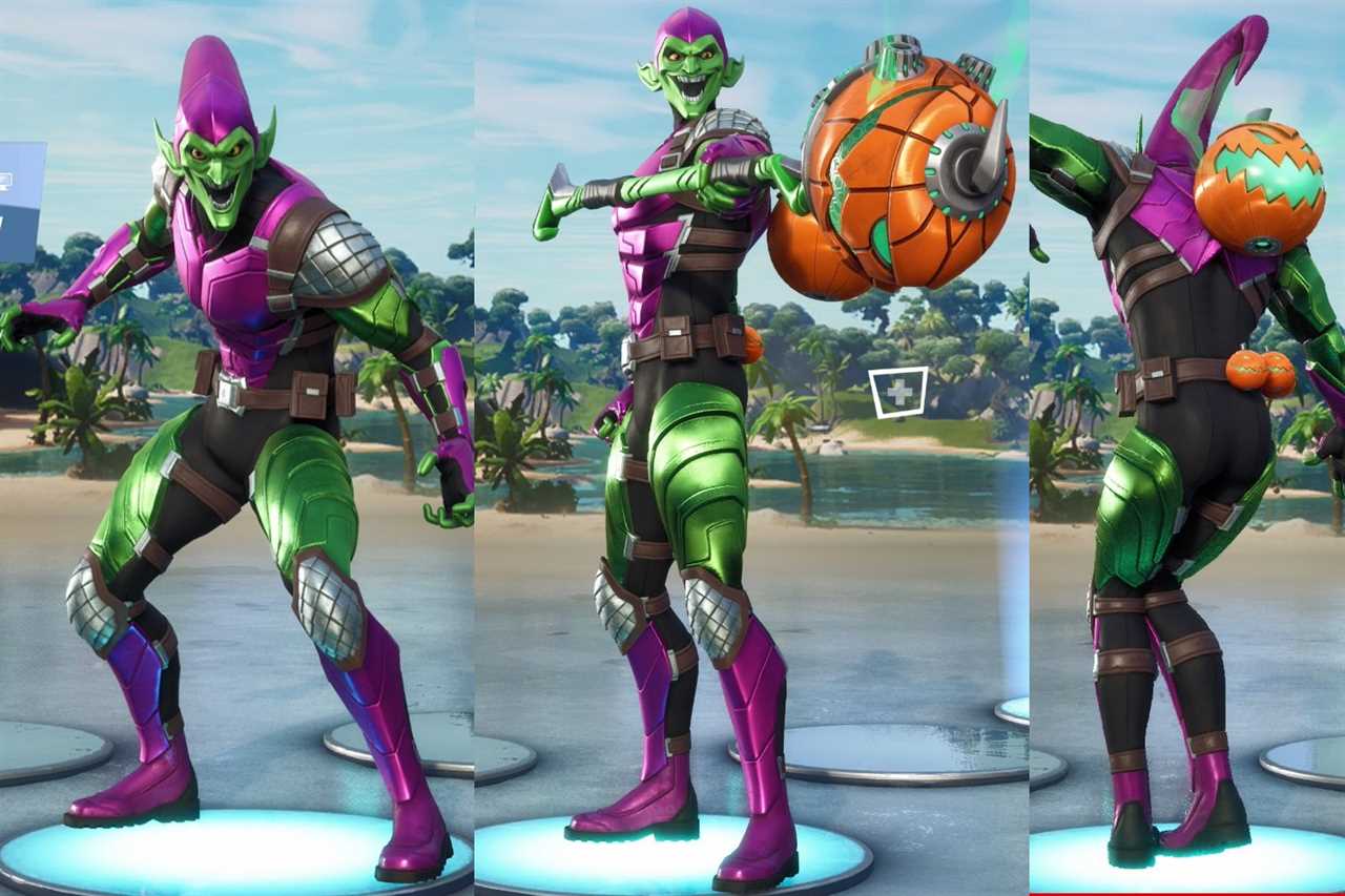 Preview of the Green Goblin in Fortnite with Back Bling and Pickaxe 