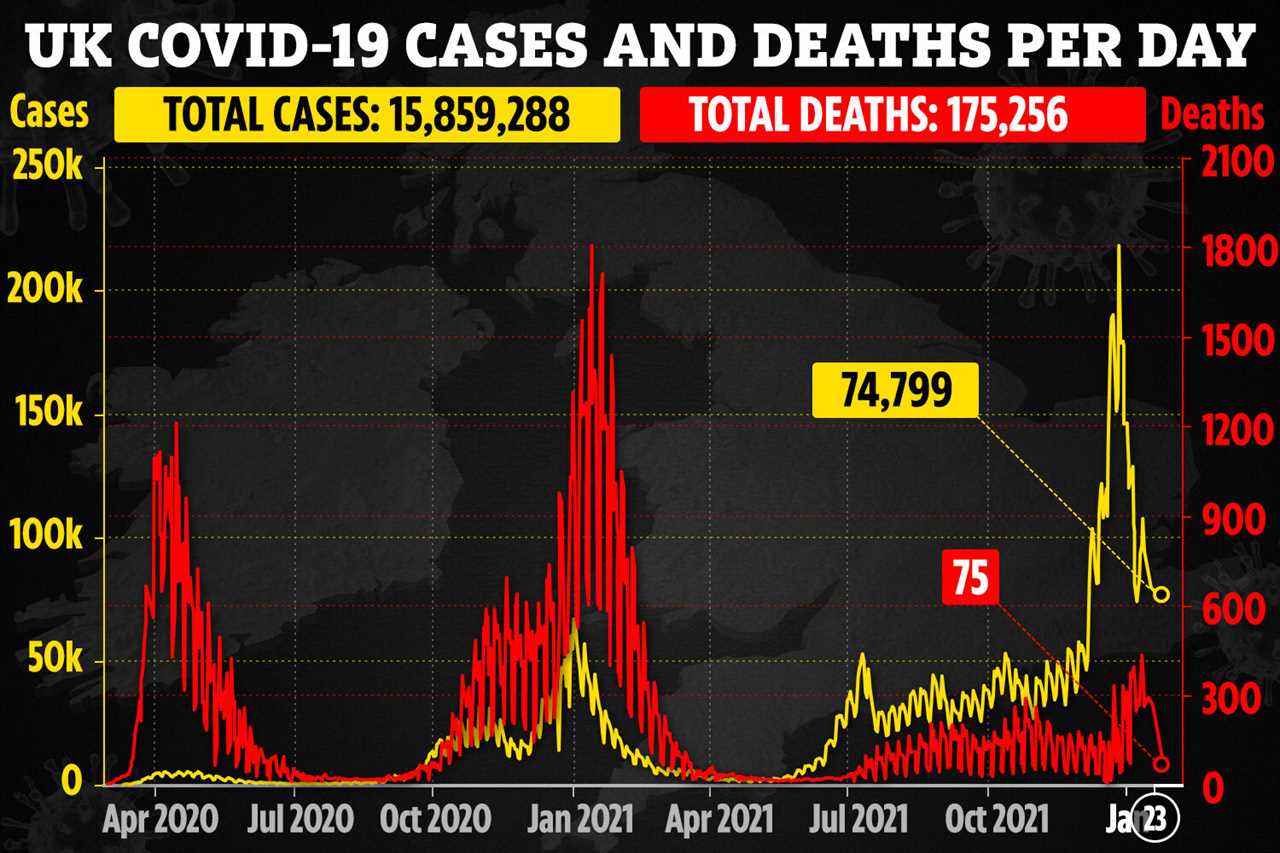 UK Covid cases almost HALVE in a fortnight as 74,799 more people test positive and another 75 die