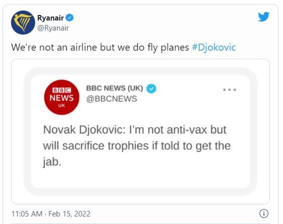 Novak Djokovic brilliantly trolled by Ryanair over confusing anti-vax statement in which he claims he is NOT against jab