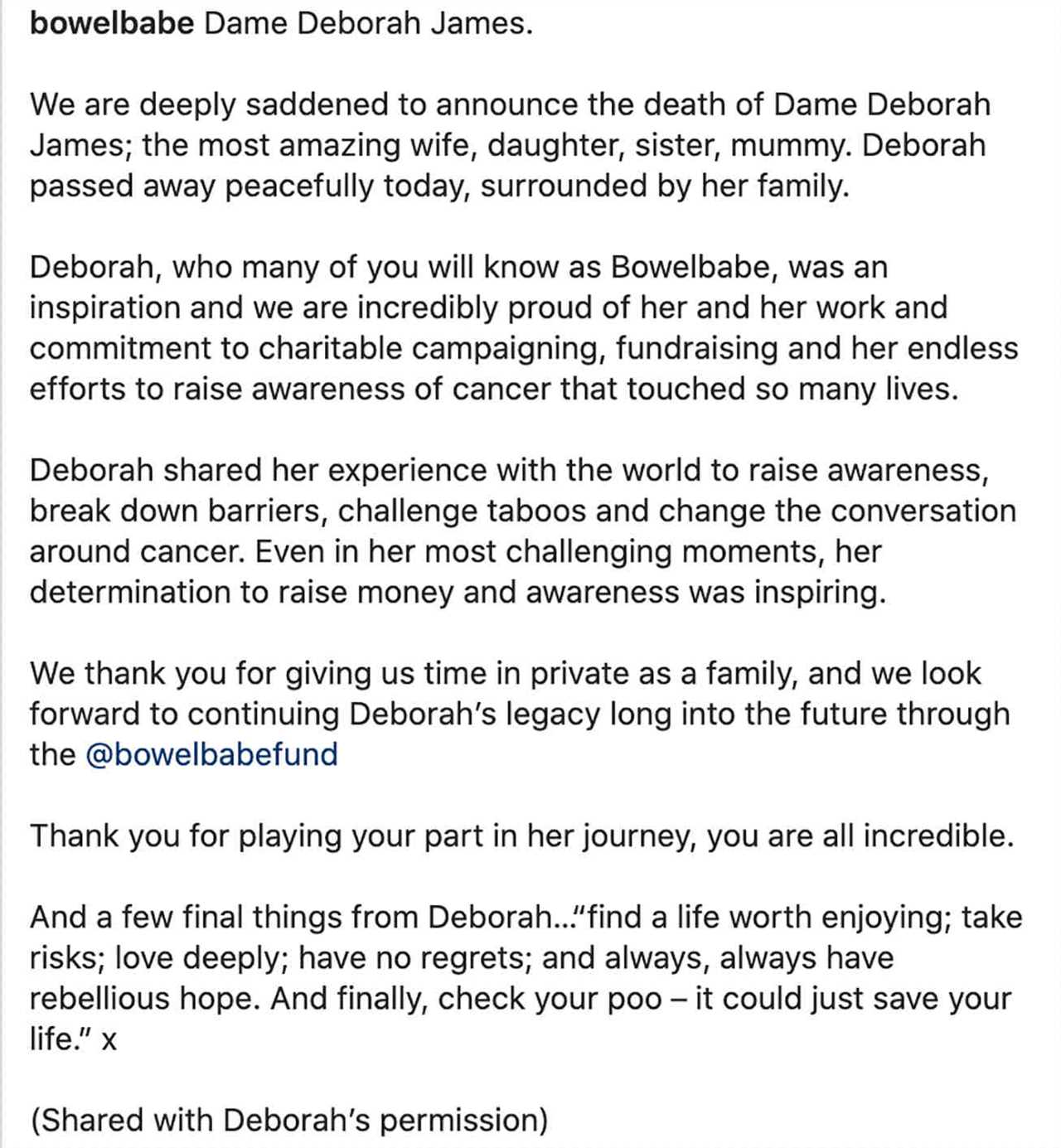 Deborah James dead: Her devastated family’s Instagram statement in full