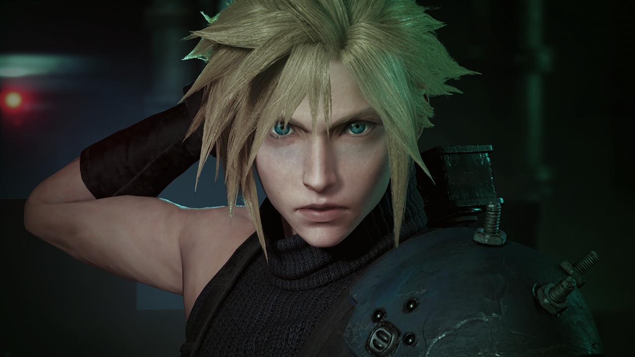 Cloud Strike from the Final Fantasy 7 Remake looks straight into the camera holding the Buster Sword