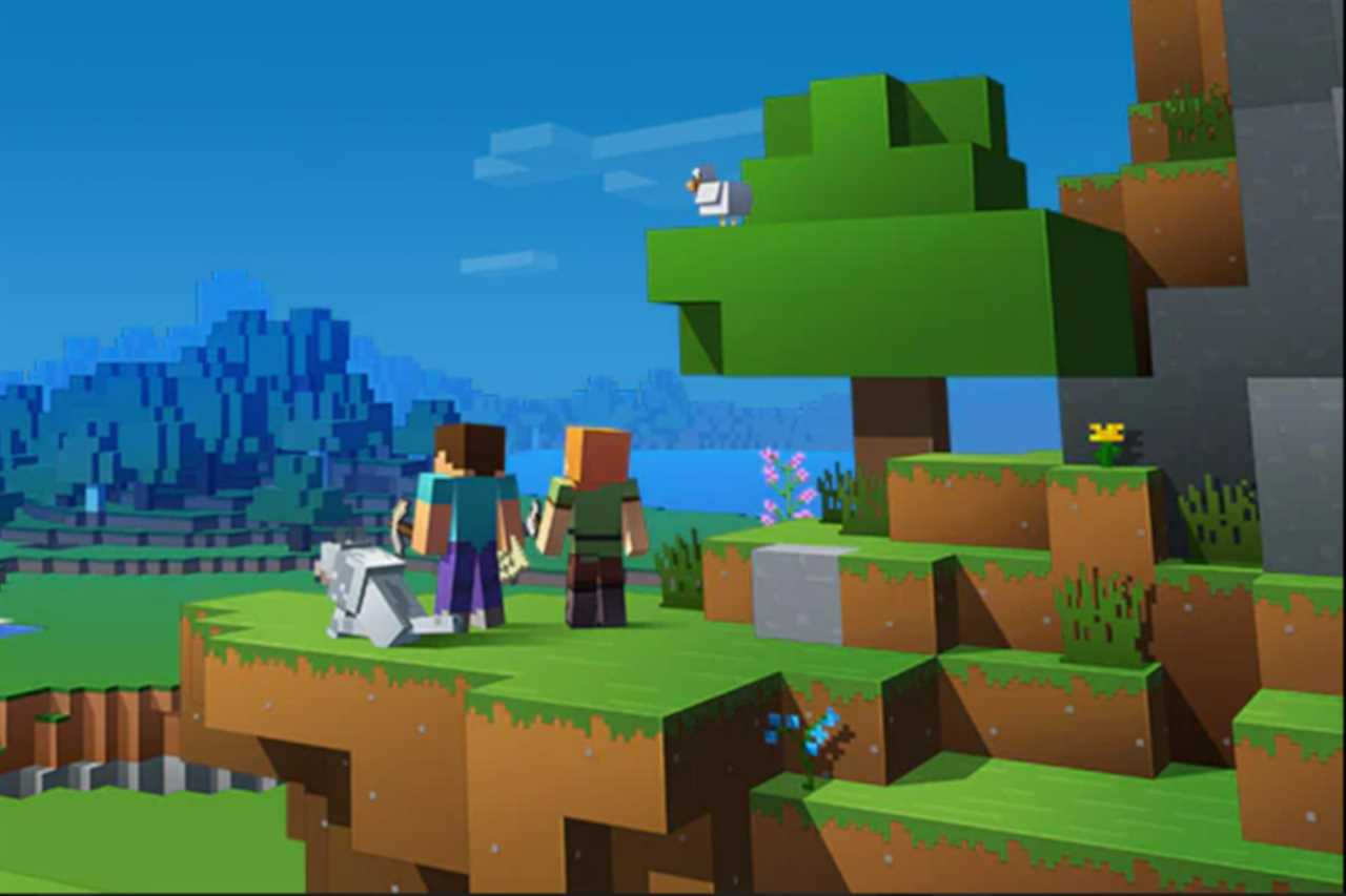 Steve, Alex, and a Wolf on a Minecraft landscape