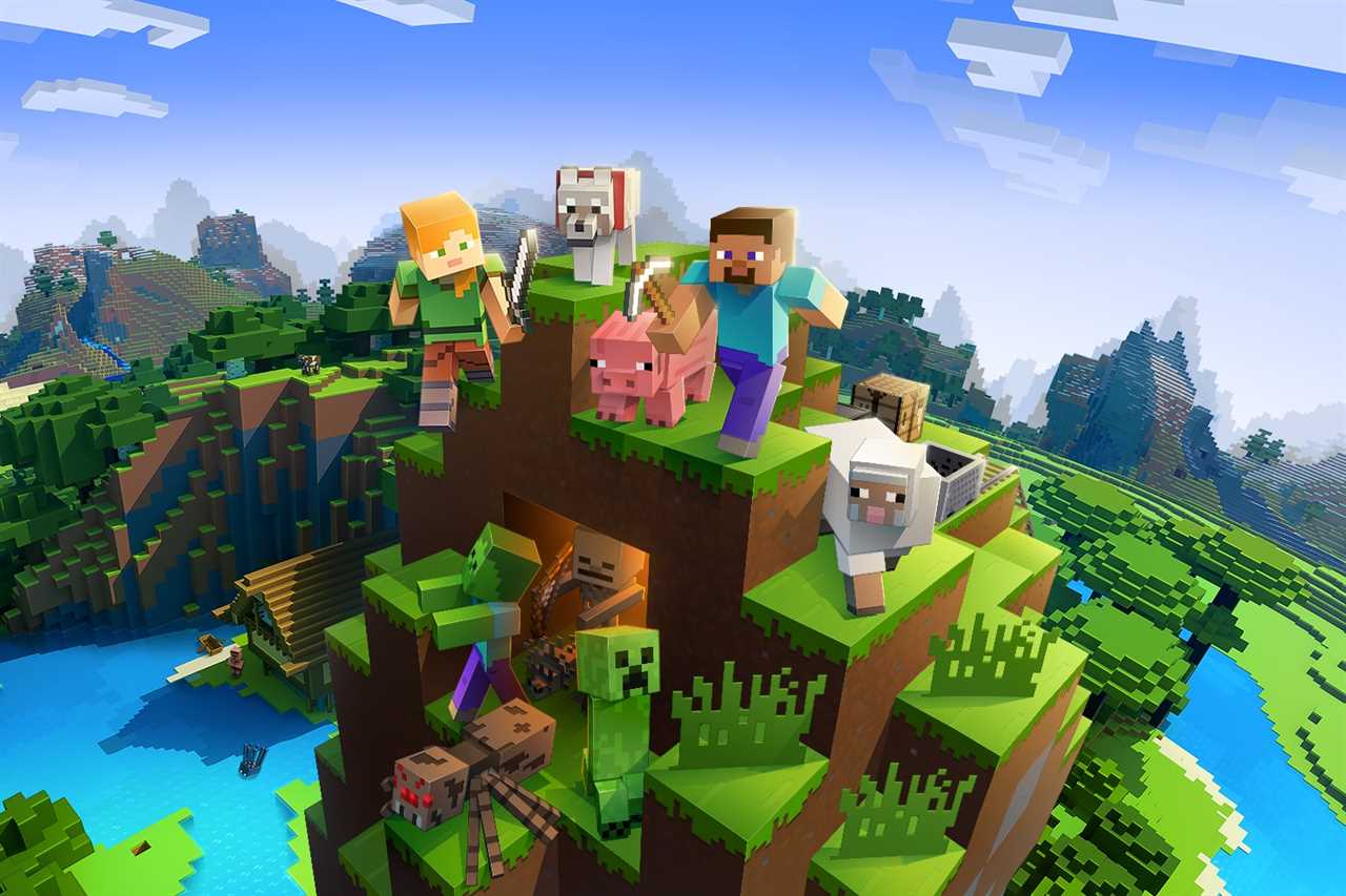 Minecraft Steve and Alex next to a pig, a sheep, a wolf, a creeper, a skeleton, and a zombie. 