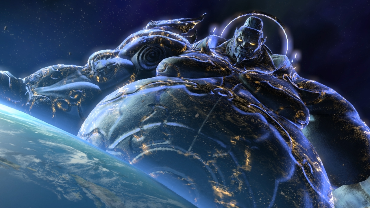 A fat deity larger than a planet rises up and towers over Earth. Asura's Wrath - CyberConnect2