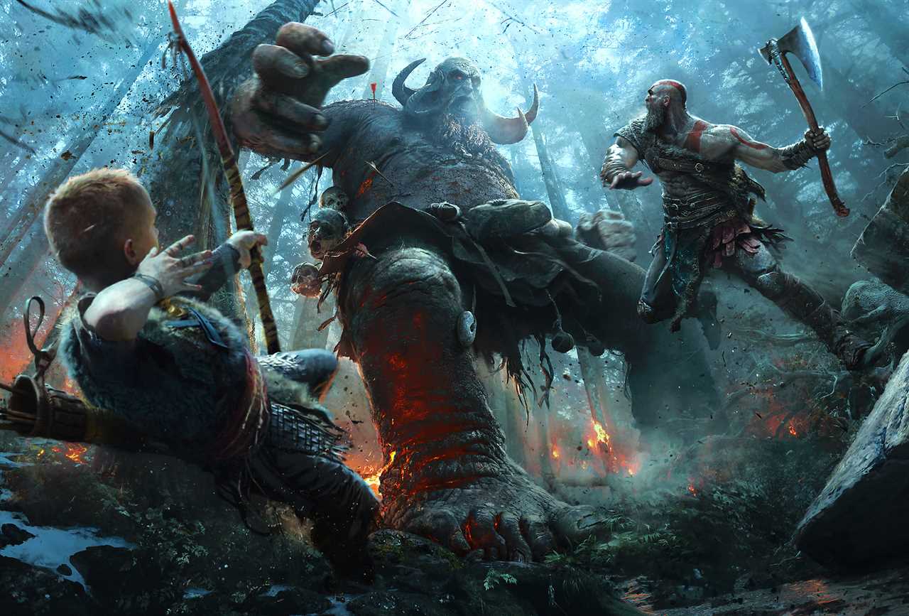 A giant stomps down. Kratos attacks from the right with an axe, and Atreus is at the front of the frame shooting from his bow.
God of War - Sony Santa Monica Studios