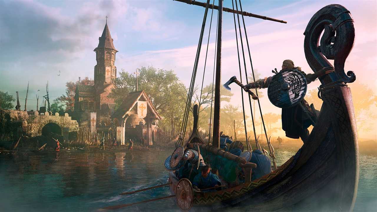 A group of Vikings in a long boat approach a keep with crosses on it. Assassin's Creed Valhalla - Ubisoft