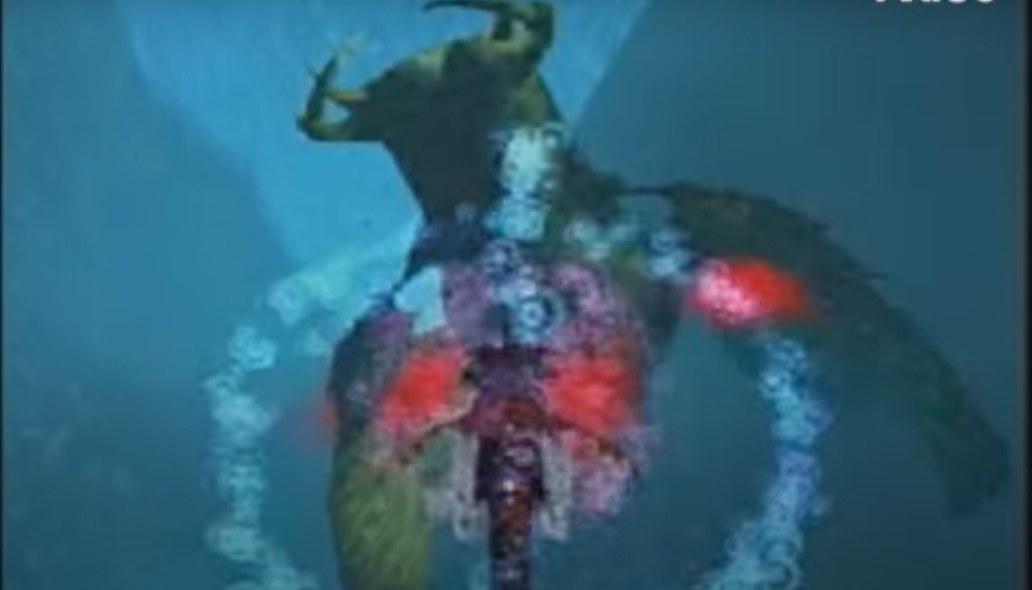A man riding a seahorse underwater fights a giant sea creature. Knights of Decayden - Totally Games