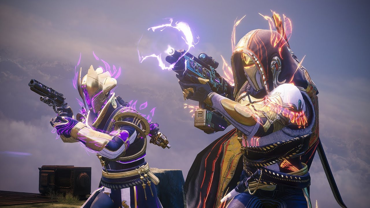 Two Destiny 2 players hold guns as they sprint into battle