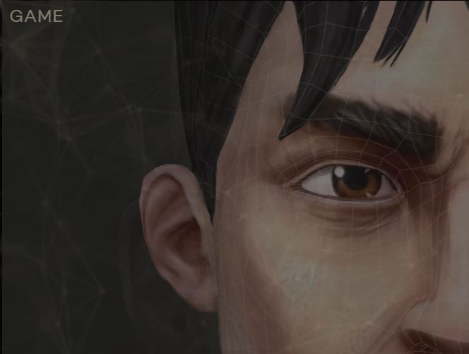 First images of Everywhere, a quarter of a mans face can be seen with a grid overlay